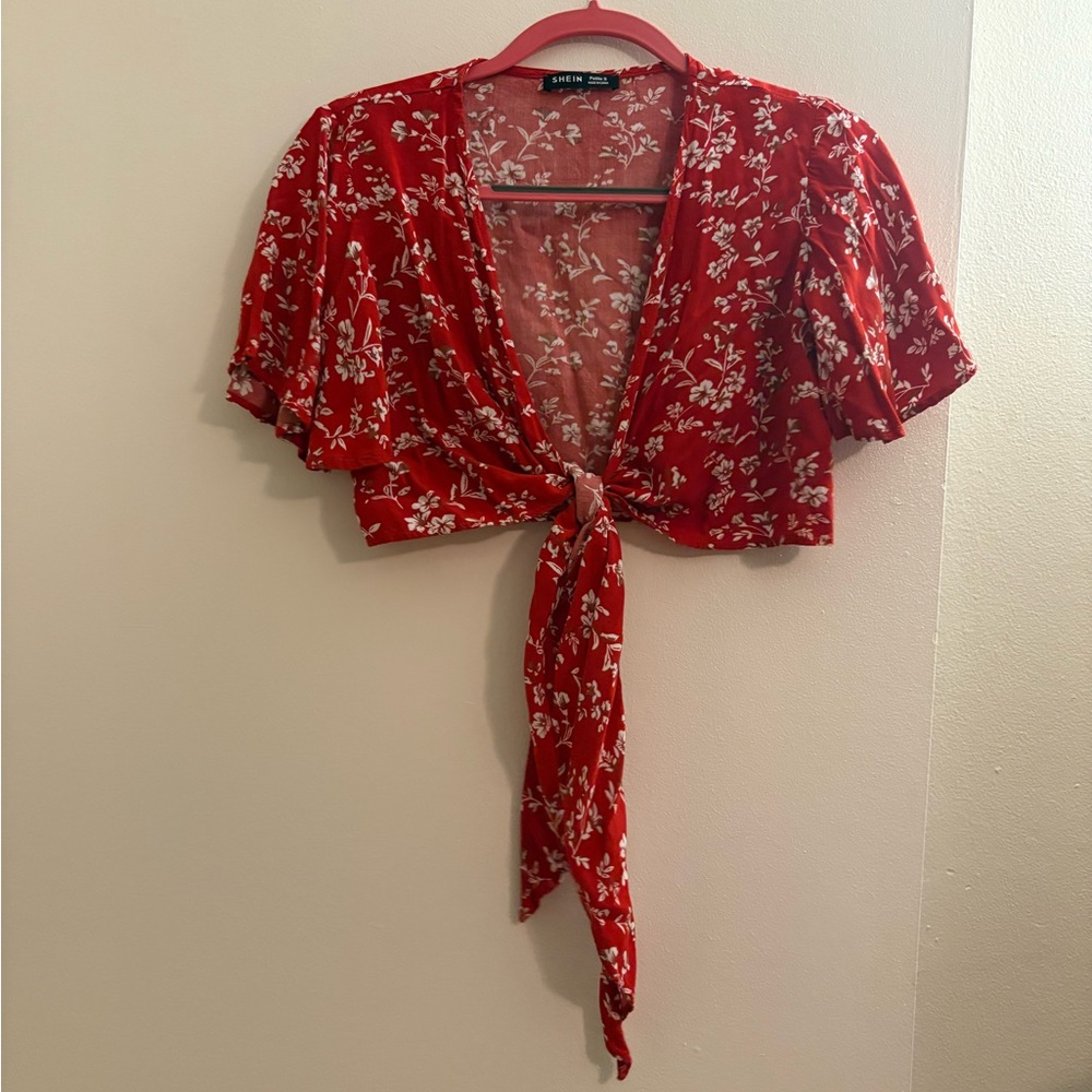 SHEIN Red Floral Tie-Front Blouse